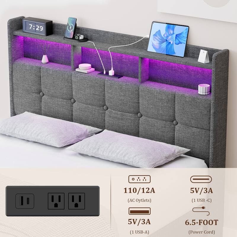 King Size Upholstered Platform Bed with LED Lights, Charging Station & Storage Headboard, No Box Spring Needed