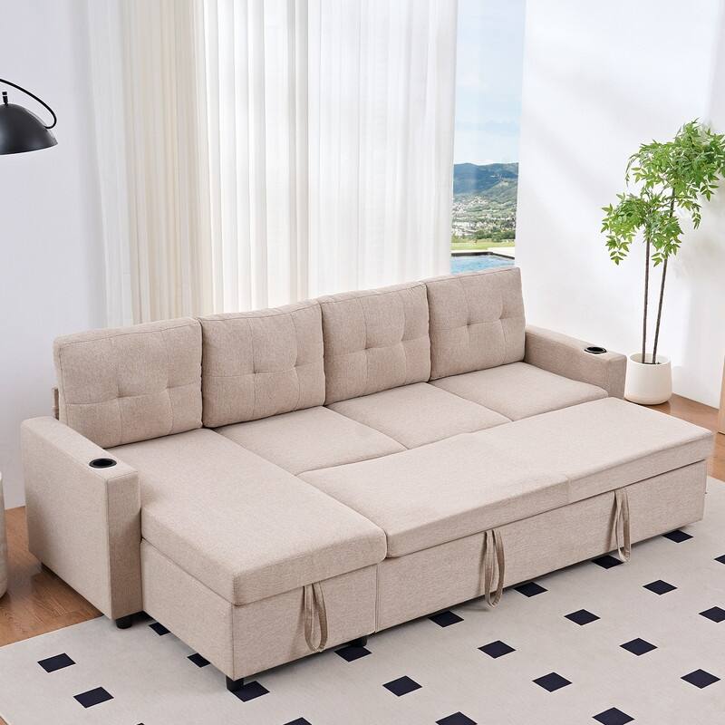 Mixoy 101"Linen 4-Seater Modular Sofa with Storage Chaise,Sleeper Sofa with Pull-out Bed