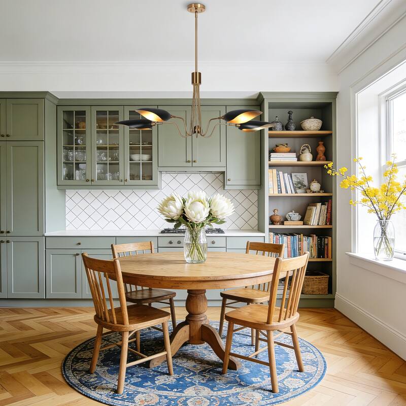 Mid-Century Modern 5-Light Black Gold Chandelier Wheel Pendant Lights with Metal Shades - 40" D x 16.1" H