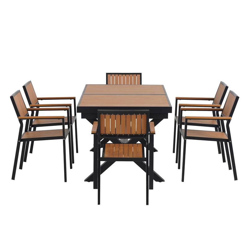 Outdoor Dining Set with 6 Chairs and X-Shaped Legs Extendable Table, Aluminum Patio Dining Table Set