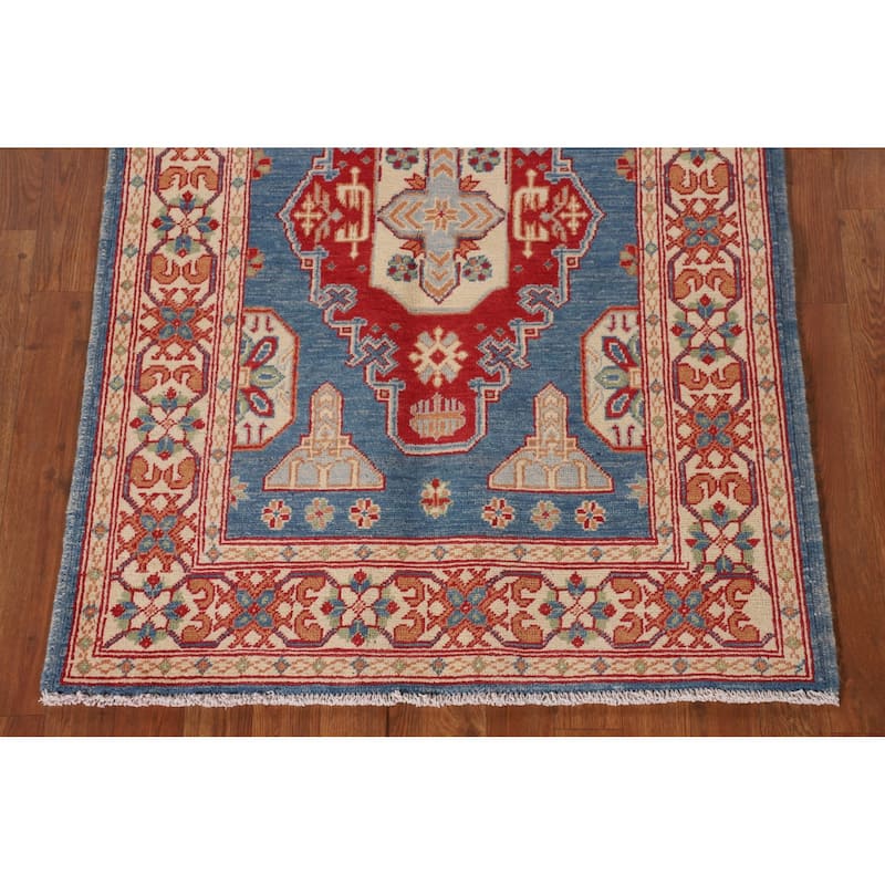 Blue Geometric Kazak Accent Rug Handmade Wool Carpet - 3'2"x 4'8"