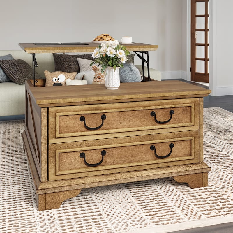 Moasis Lift Top Coffee Table Farmhouse Wood Central Table for Living Room with 2 Drawers and Hidden Storage Compartment