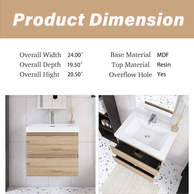Angela Wall Mounted Bathroom Vanity in F. Oak with White Cultured Marble Top