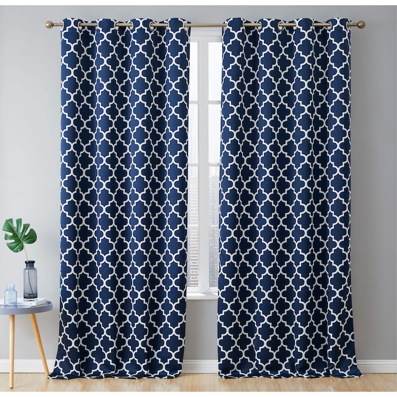 HLC.me Lattice Geometric Blackout Thermal Privacy Room Darkening Grommet Window Drapes Curtain Panels - Set of 2 - 52 W x 96 L per panel - Pair - Navy Blue