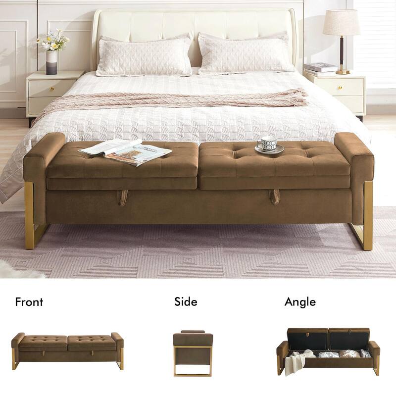 66" Storage Bench King Size End of Bed with Double Lids and Gold Legs