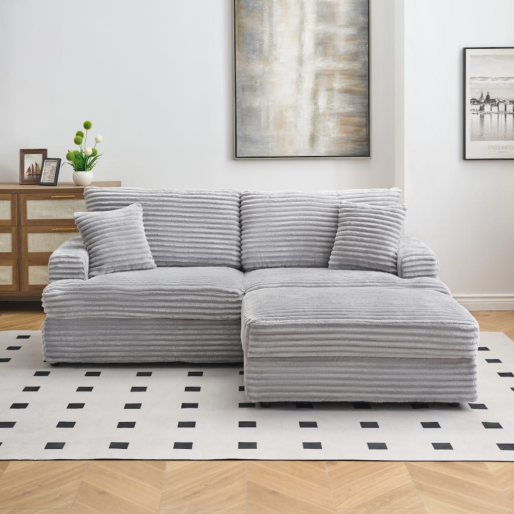 82-inch Gray Corduroy Sofa with Storage Feet and 4 Throw Pillows