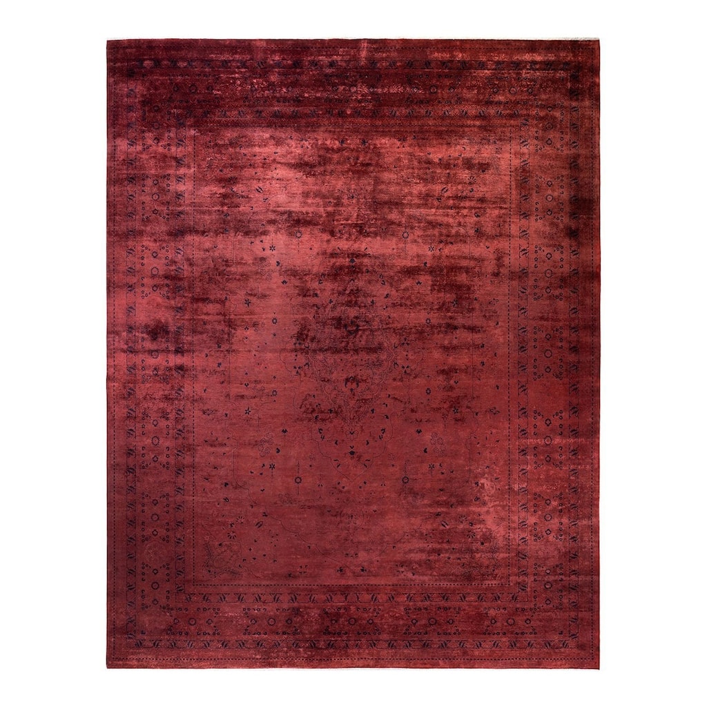 Overton Hand Knotted Wool Vintage Inspired Modern Contemporary Overdyed Red Area Rug - 12' 2" x 15' 3"