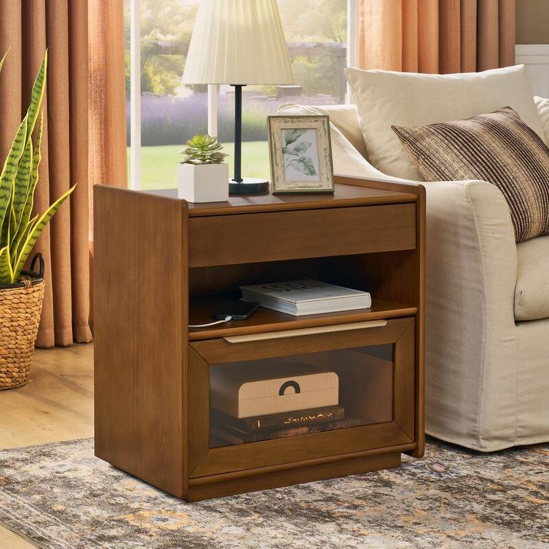 Mid Century Modern 2-Drawer Nightstand with Charging Station and Open Shelf for Bedroom Storage and Convenience