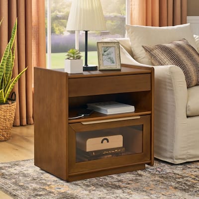 Mid Century Modern 2-Drawer Nightstand with Charging Station and Open Shelf for Bedroom Storage and Convenience