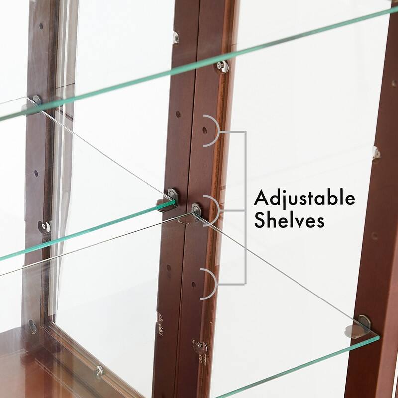 Curio Cabinet Lighted Diapaly Cabinet Wooden Shelving Unit with Adjustable Shelves and Mirrored Back Panel, Tempered Glass Doors