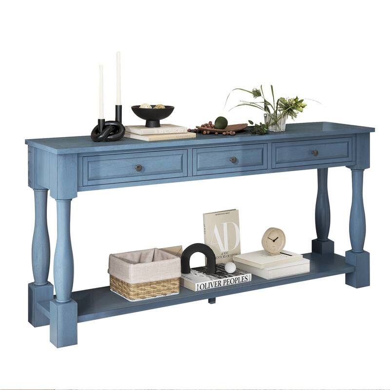 63"Long Console Table with 3 Drawers and Shelf for Entryway and Living Room in Mediterranean Design