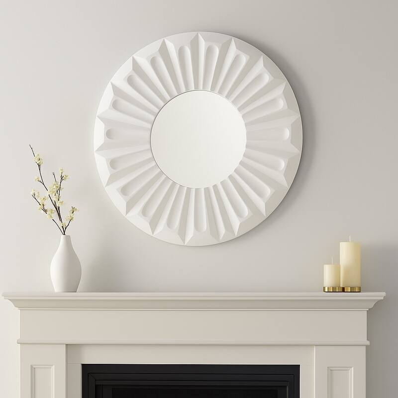 Modern Round Wall Mirror - Sculptured Carved Wood Frame - 36", Ivory - 35.5" - Ivory - 35.5"