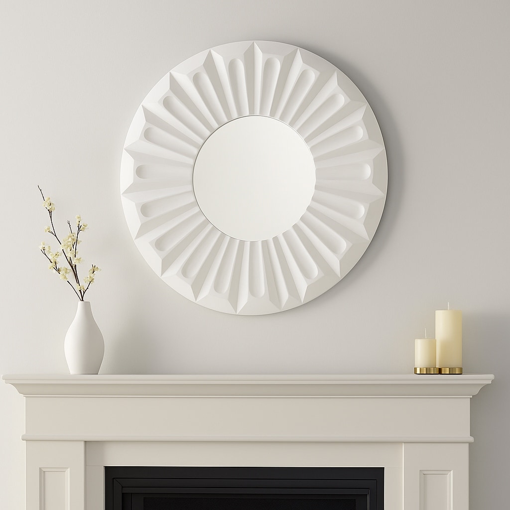 Modern Round Wall Mirror - Sculptured Carved Wood Frame - 36", Ivory - 35.5"