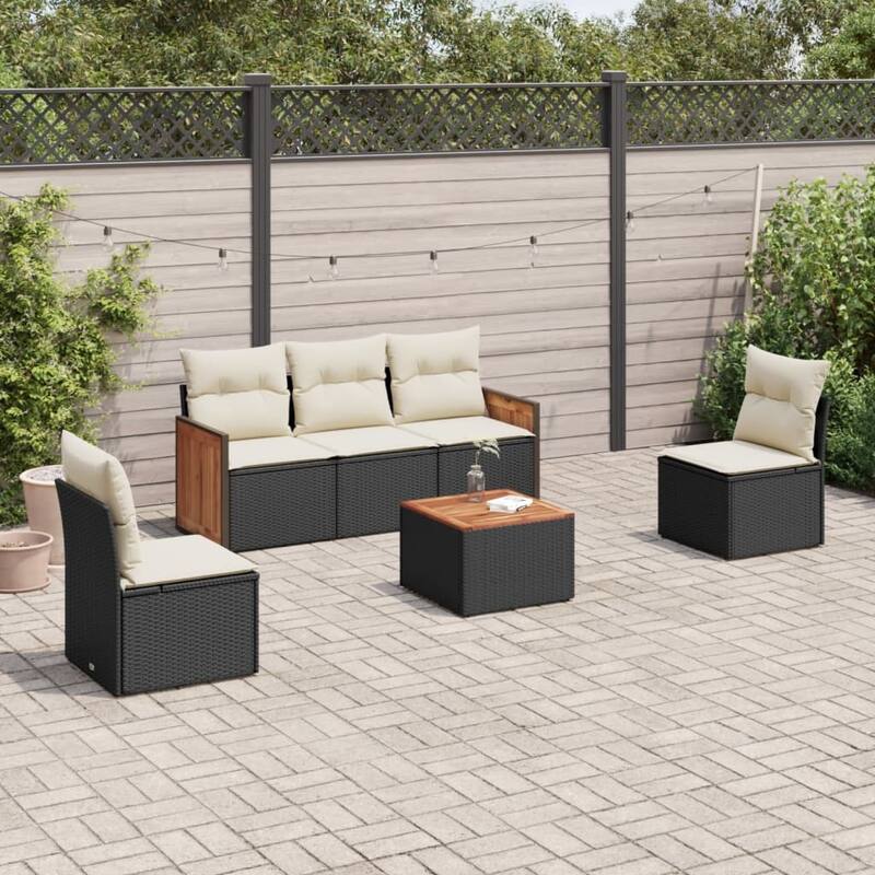 vidaXL Patio Sofa Set with Cushions Outdoor Conversation Furniture Poly Rattan - Black and cream with table - 21.7" x 24.4" x 27.2"