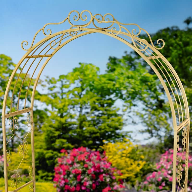 96 Inch Tall Iron Garden Gate Arch with Plant Stands