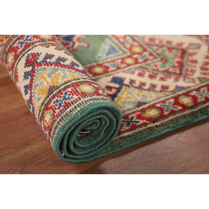Green Geometric Kazak Accent Rug Hand-Knotted Wool Carpet - 2'9" x 3'11"