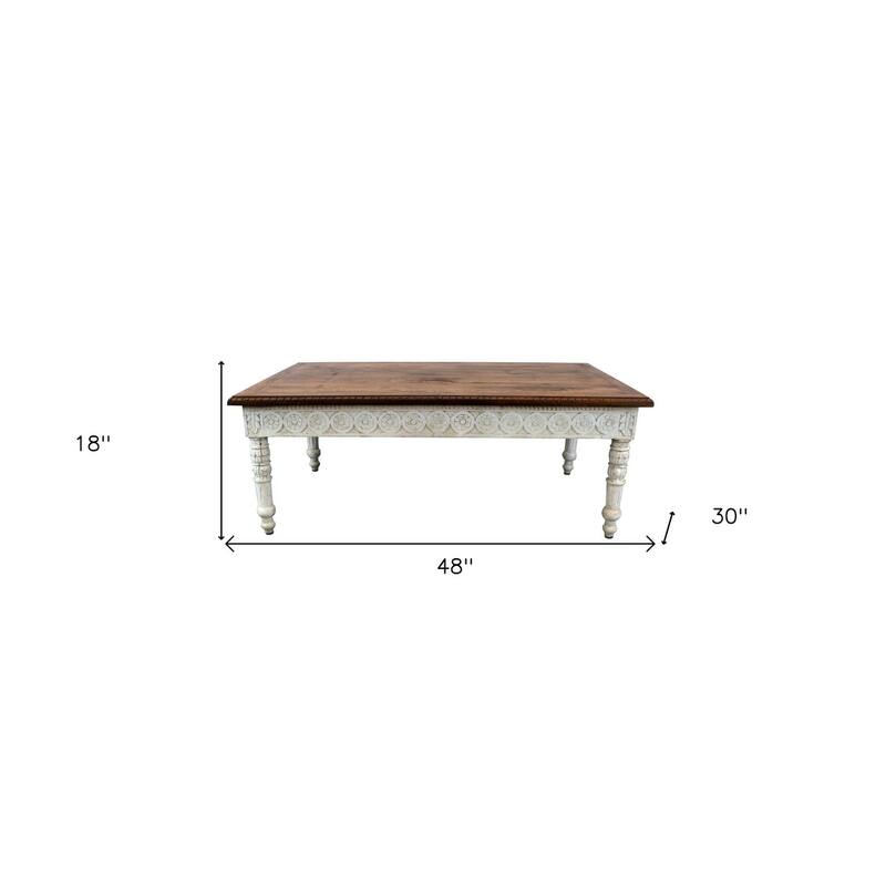 HomeRoots 48" Brown and Ivory Solid Wood Coffee Table - 48' X '18' X '30