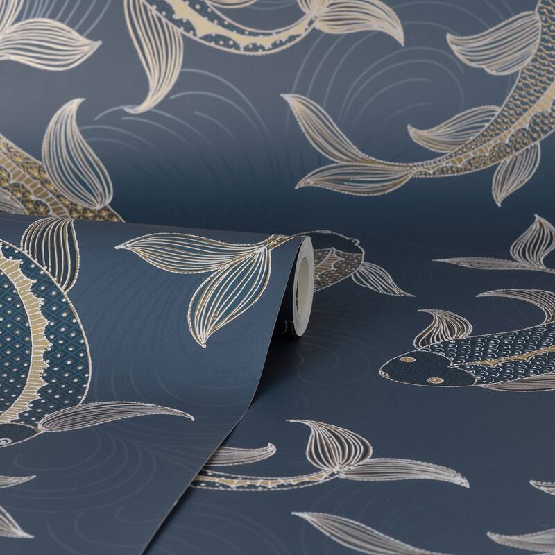 Fine Decor Dashiell Navy Decorative Fish Wallpaper