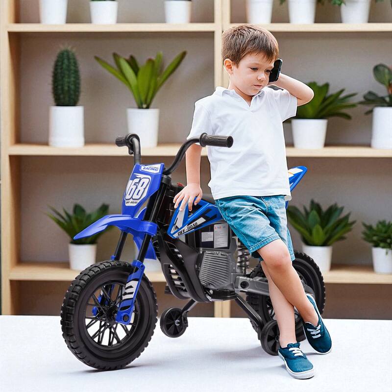 12V Kids Electric Dirt Bike with Training Wheels, Twist Grip Throttle, Rear Suspension, Music, 1.5-3.1 mph