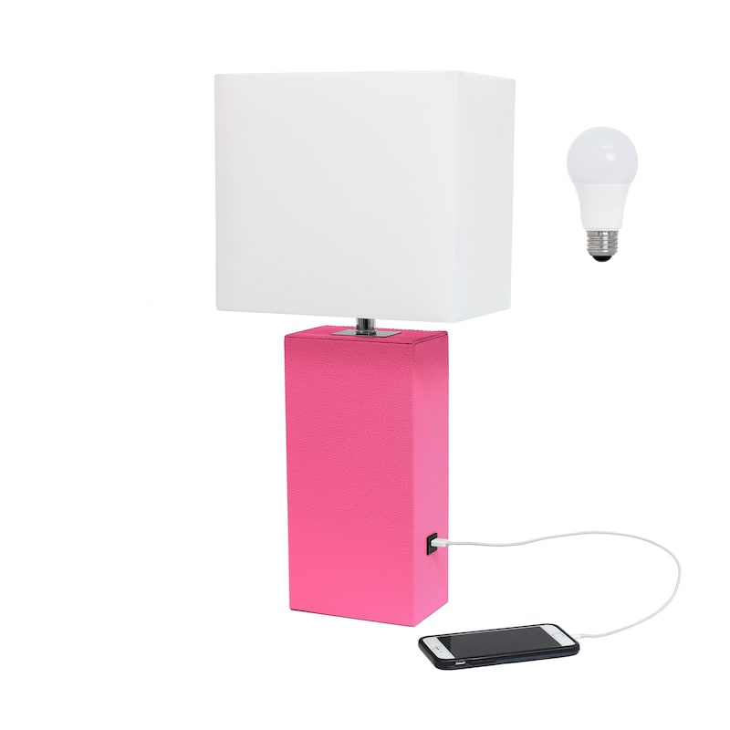 Elegant Designs 21" Modern Leather Wrapped Table Lamp with USB Port, With LED Bulb - White Shade/Hot Pink Base
