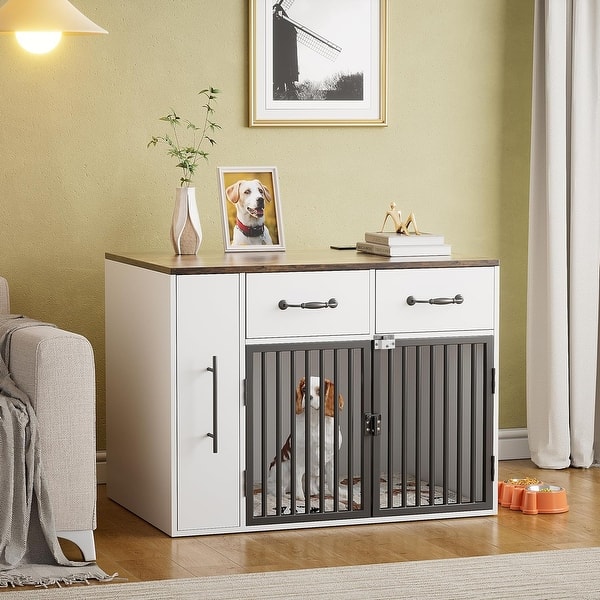 PAKASEPT 31.5" Dog Crate Furniture – Farmhouse Style End Table With USB Charger, For Small & Medium Dogs