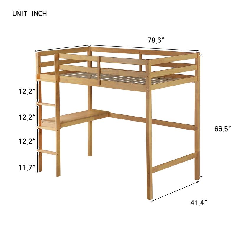 Twin Size Wooden High Loft Bed with Built-in Desk and Ladder, Solid Rubber Wood Loft Bed with Safety Guardrails