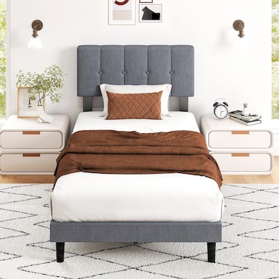 Grey Linen Upholstered Adjustable Height Headboard Platform Bed Wooden Slats Support, No Box Spring Needed