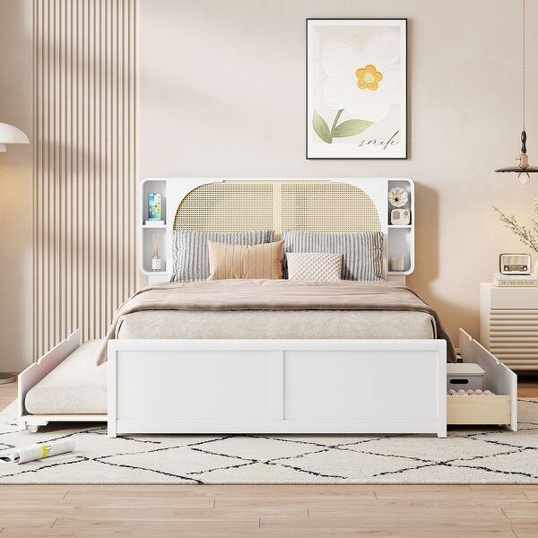 slide 2 of 30, Wood Queen Size Platform Bed with Drawers, Trundle and Rattan Storage Headboard White
