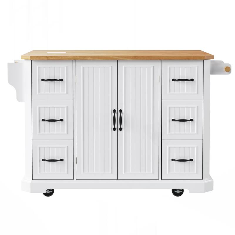 Kitchen Island with Rubber Wood Veneer Drop Leaf, Power Outlet, 4 Door Shelves