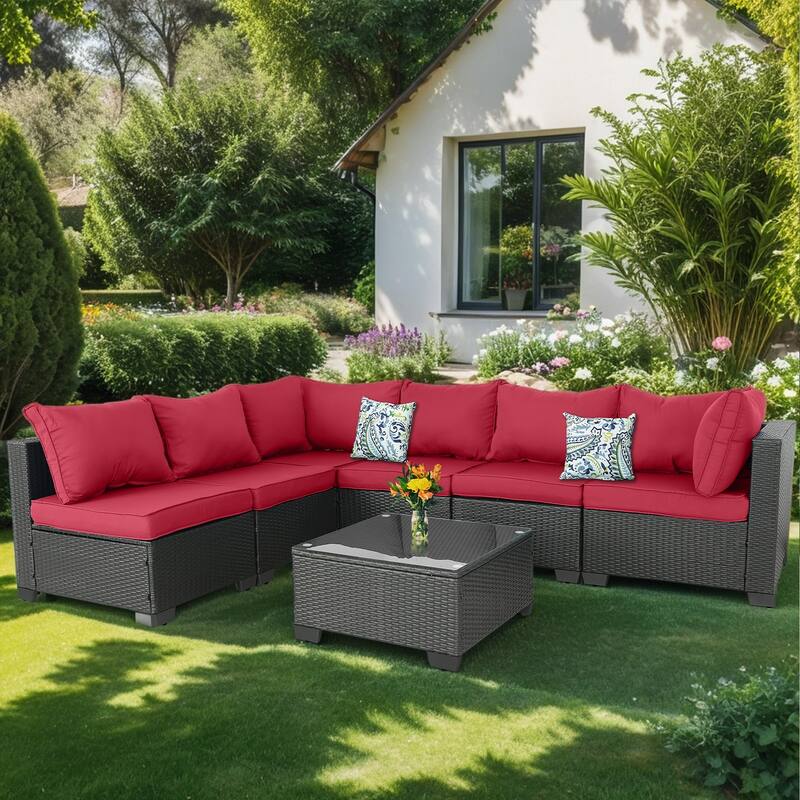 7-Piece Wicker Outdoor Sectional Set with Glass Table and Cushions