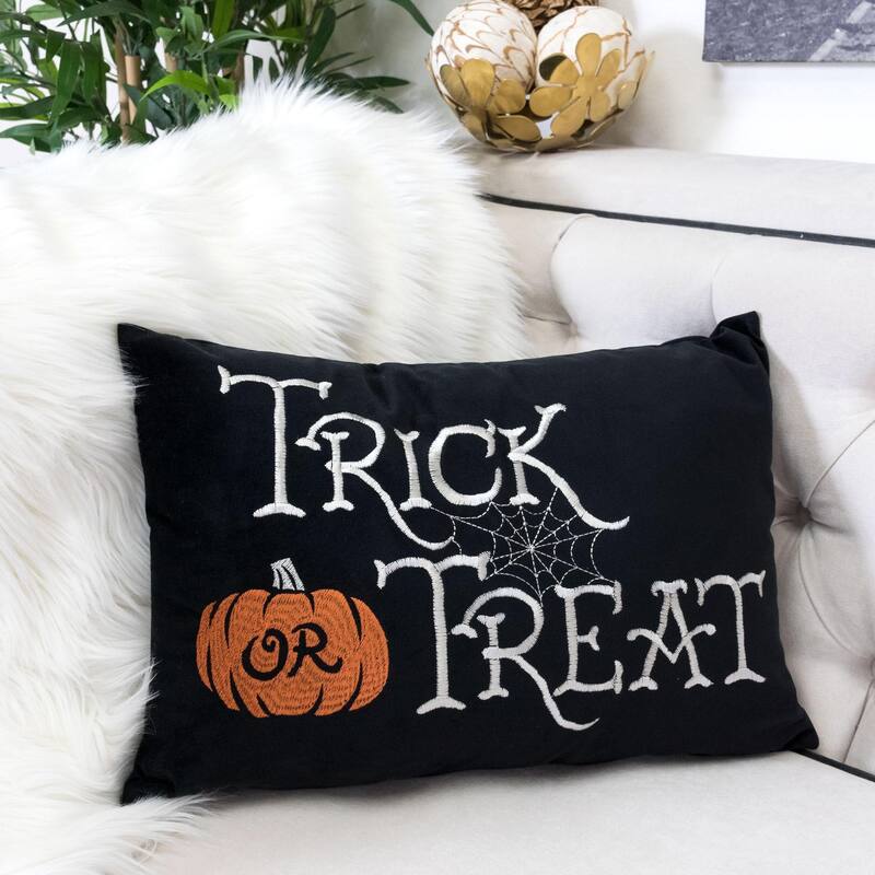 Trick or Treat Halloween Pumpkin Velvet 14"x 20" Black Throw Pillow with Insert