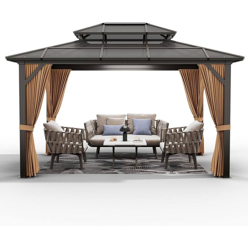 Hardtop Outdoor Double Roof Gazebo, Aluminum Frame Permanent Pavilion with Curtains and Nettin