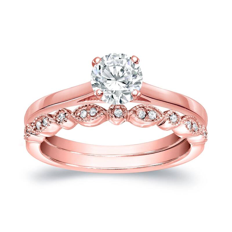 Auriya 14k Gold 2/3ctw Vintage Round Solitaire Diamond Engagement Ring Set - Yellow - 4