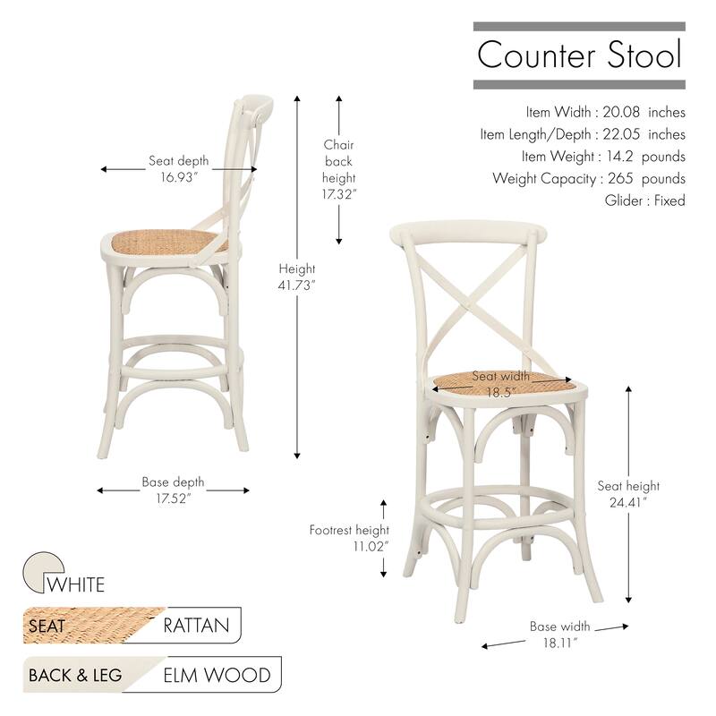 Porthos Home Ziva Counter Stools Set of 2, Elm Wood with Woven Rattan