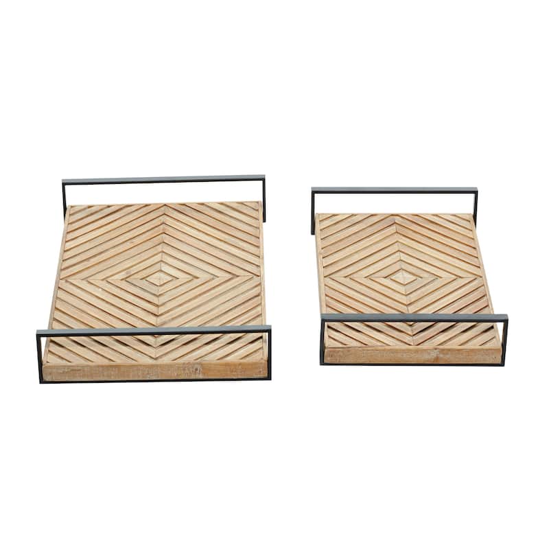 Wood Diamond Pattern Tray with Black Handles - Set of 2 Brown - Roche River Decor - 12"W x 19"L x 3"H