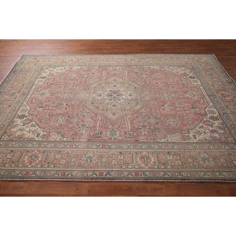 Pink Tabriz Persian Vintage Rug Hand-Knotted Traditional Wool Carpet - 6'9"x 9'8"