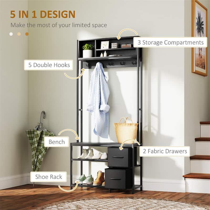 5-in-1 Hall Tree with Bench Coat Hooks and Storage Drawers for Entryway Hallway or Mudroom - 31.5" W x 11.8" D x 70.9" H