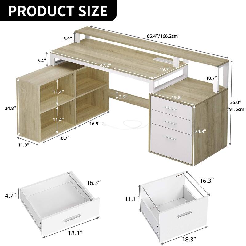 Moasis 65-inch L Shaped Computer Office Desk with Cabinet Drawers Gaming Desk w/Power Outlets & LED Lights