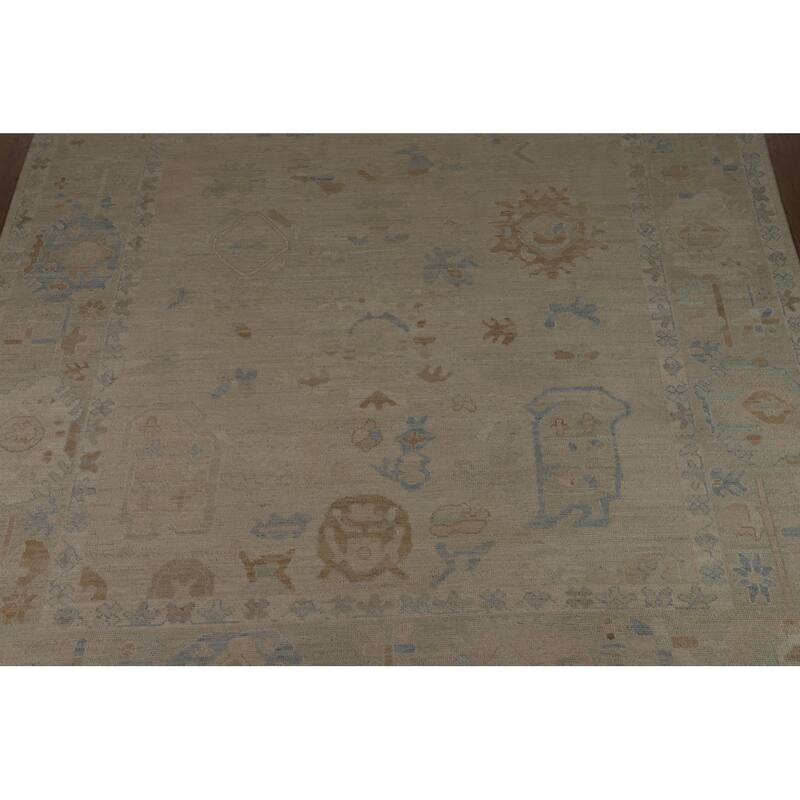 Vegetable Dye Beige Oushak Turkish Rug Hand-Knotted Wool Carpet - 9'1" x 12'1"