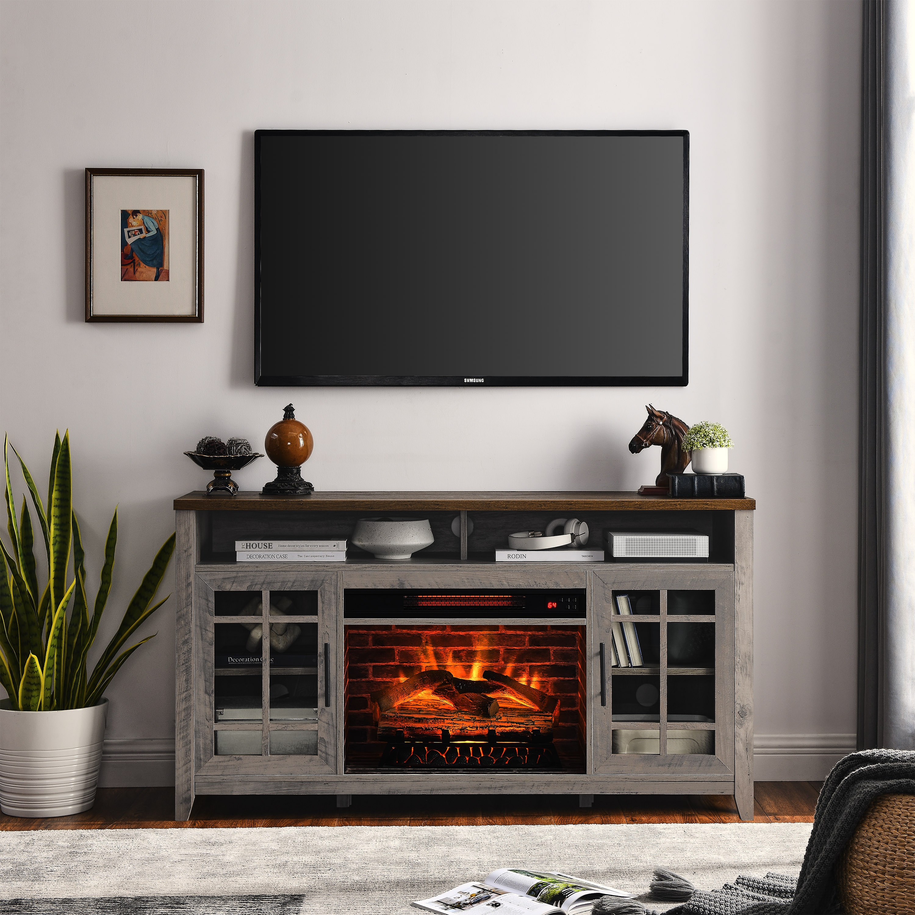 55 Fireplace TV Stand with Insert Electric Fireplace Farmhouse Living Room Entertainment Center w Storage Cabinet Gray Wash On Sale Bed Bath Beyond 39872922