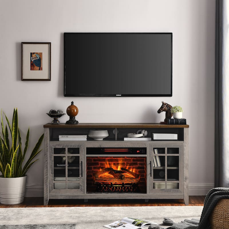 55 Inch Tv Media Stand With Electric Fireplace Kd Inserts Heater,Gray Wash Color