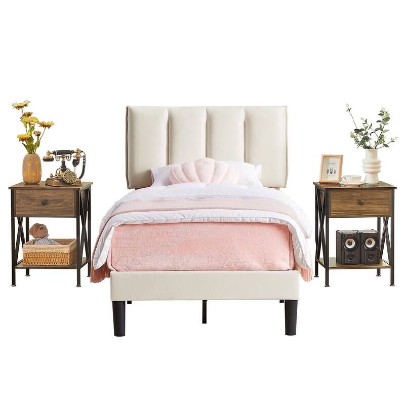 VECELO 3-Pieces Tufted Upholstered Beige Platform Bed Frame with Adjustable Height Headboard and Nightstands Set of 2