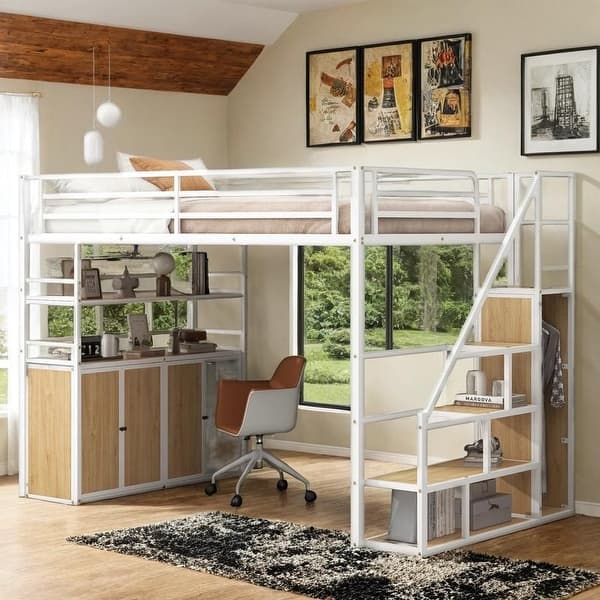 slide 2 of 34, Full Size Metal Loft Bed with Storage Staircase and Wardrobe, Shelves and Lockers White+Natural