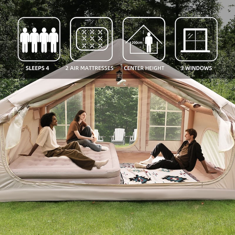 6.3m ² Inflatable Camping Tent with canopy, 4 Season Waterproof Windproof, Clear Skylight & 420D Oxford Waterproof