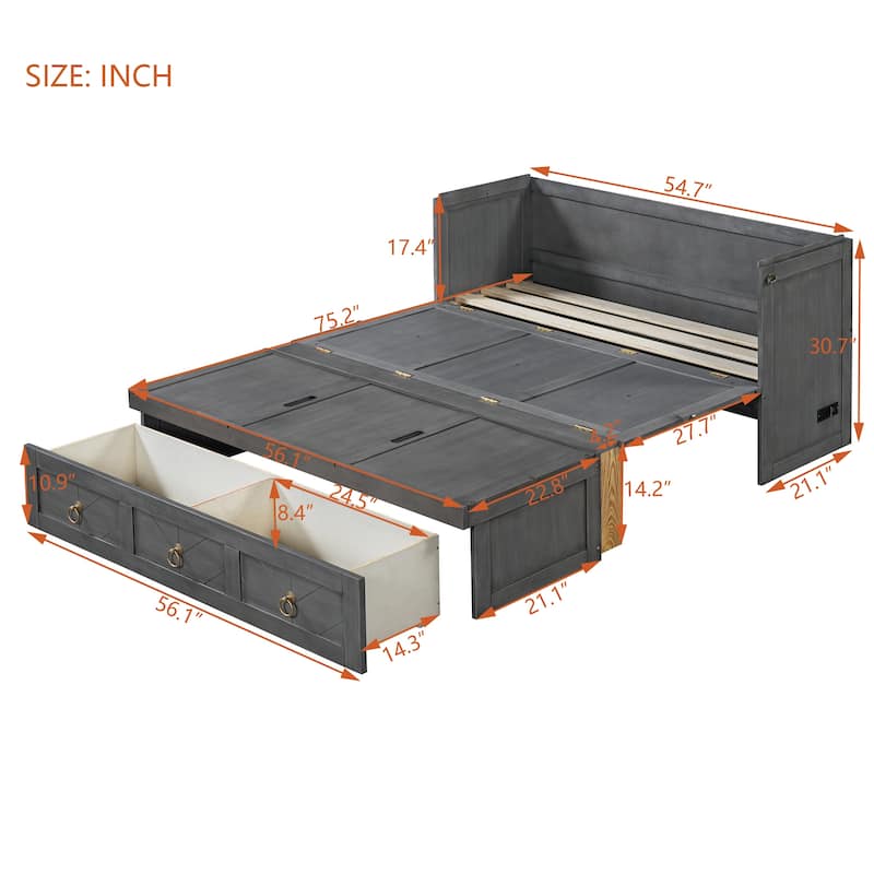 Space-Saving Design Murphy Bed with USB Port and Large Drawer for Bedroom