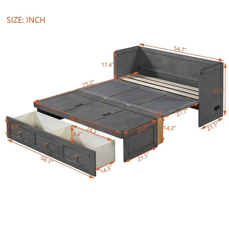 Space-Saving Full Murphy Bed with USB Port, Power Outlets & Large Drawer - Convertible Cabinet Design