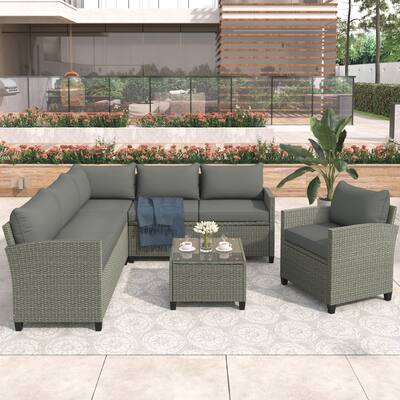 Comfortable 5-Piece Outdoor Conversation Patio Furniture PE Rattan Sofa Set with Cushions, Coffee Table, and Single Chair
