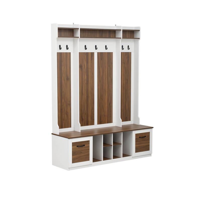 5-in-1 Entryway Bench with Coat Rack, 7 Sturdy Hooks, Adjustable Shelves, Drawers, and Metal Handles
