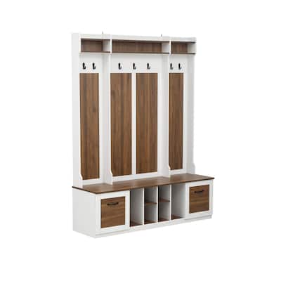 White-Brown MDF Hall Tree with Bench, Shelves and Drawer Storage - 58.8'' W x 17.7'' D x 76.7'' H