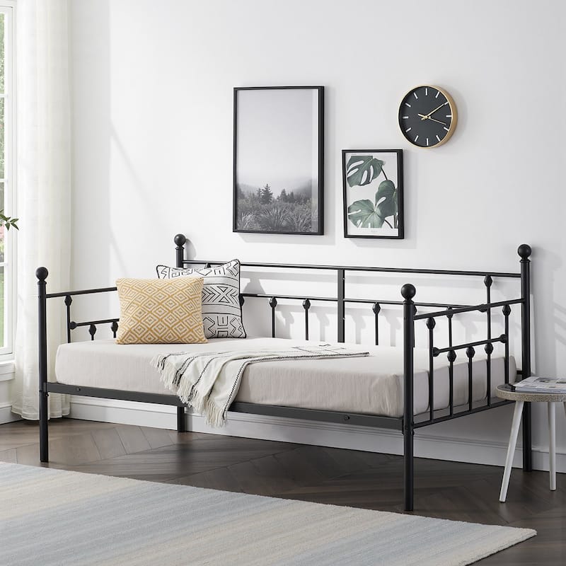 VECELO Roman Column Daybed 79" Iron Frame Space Saving Daybed Set with Rolling Trundle for Guest Teen Room Black or White